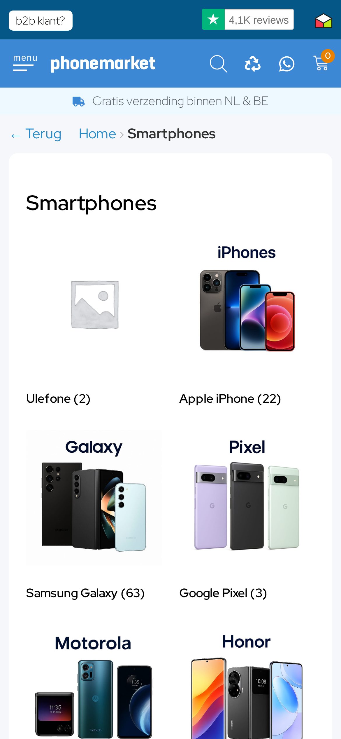 Mobiele categoriepagina van PhoneMarket.nl met smartphones onder elkaar