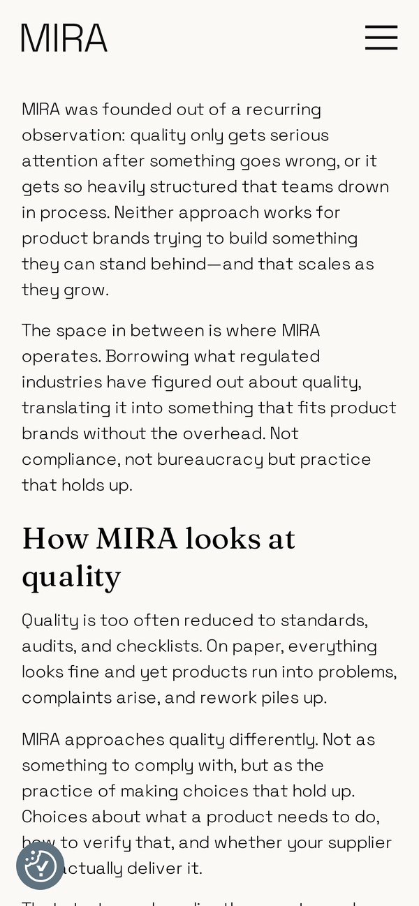 Mobiele weergave van de About-pagina van MIRA Quality