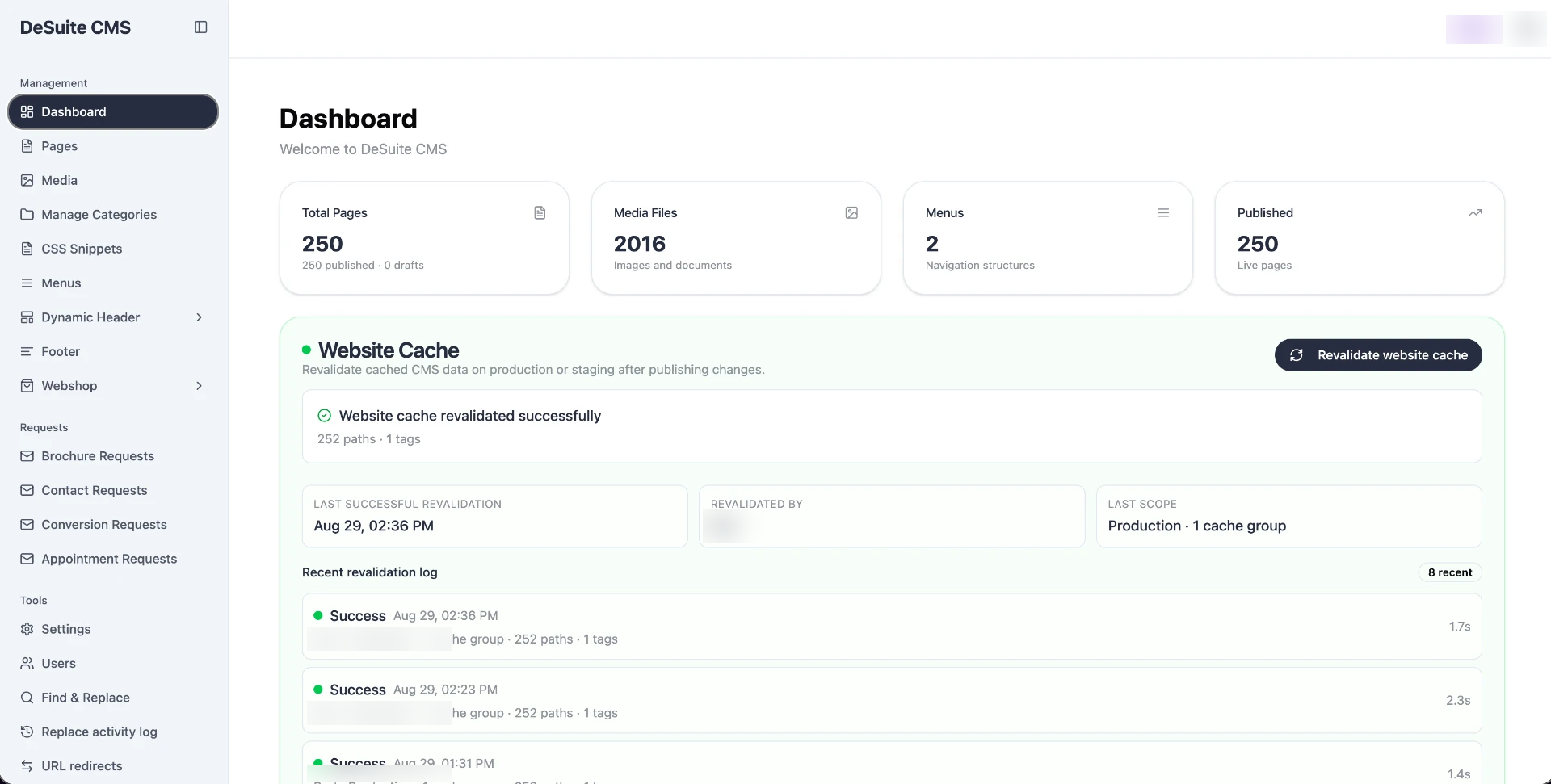 Dashboard van het maatwerk De Suite CMS met paginastatistieken en cachebeheer