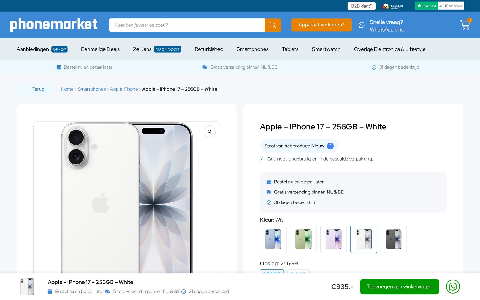 Productpagina van een smartphone op PhoneMarket.nl met specificaties, prijs en bestelmogelijkheid
