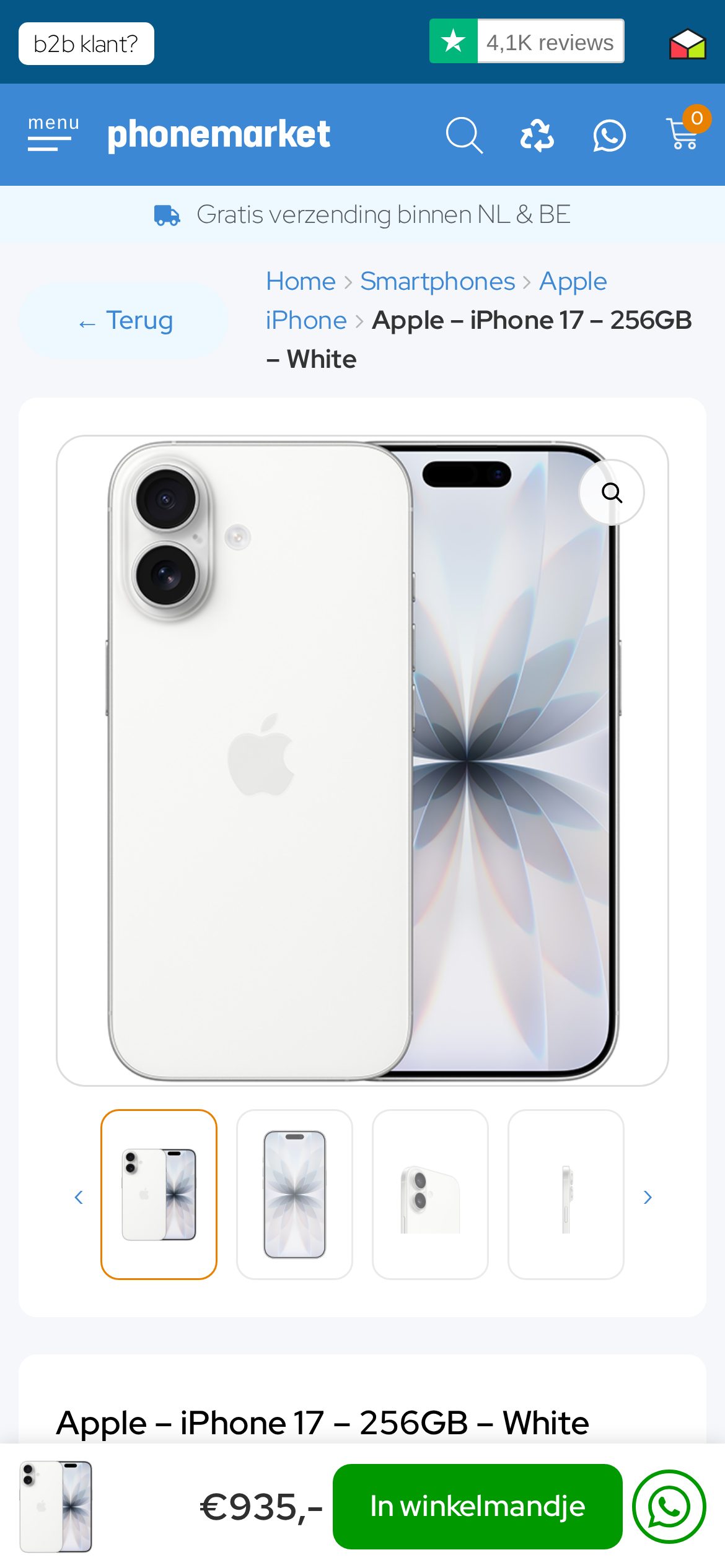 Mobiele productpagina van PhoneMarket.nl met prijs en bestelknop binnen bereik