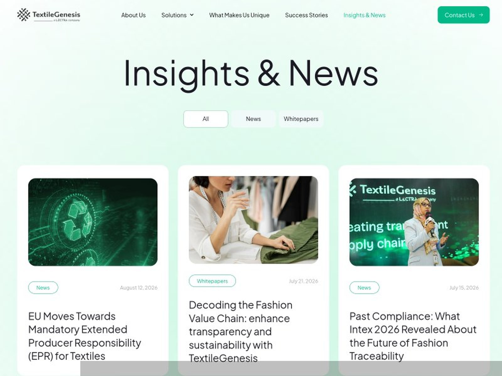 Insights & News-overzicht op de website van TextileGenesis met nieuws en whitepapers