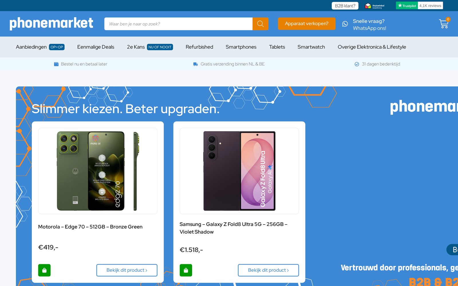 Homepage van de WooCommerce-webshop PhoneMarket.nl met smartphones, tablets en zoekfunctie