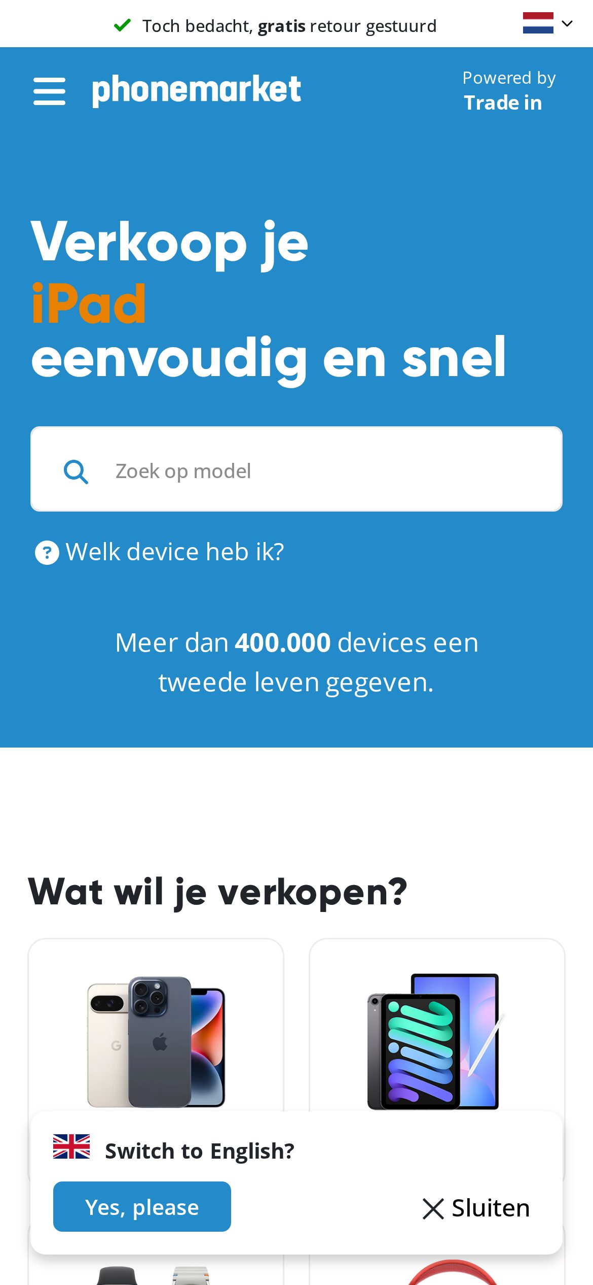 Mobiele weergave van de 'apparaat verkopen'-omgeving van PhoneMarket