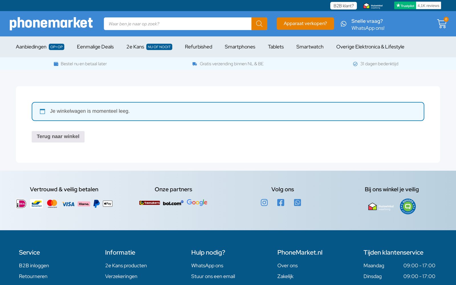 Publieke, lege winkelwagenpagina van de WooCommerce-webshop van PhoneMarket zonder klantgegevens