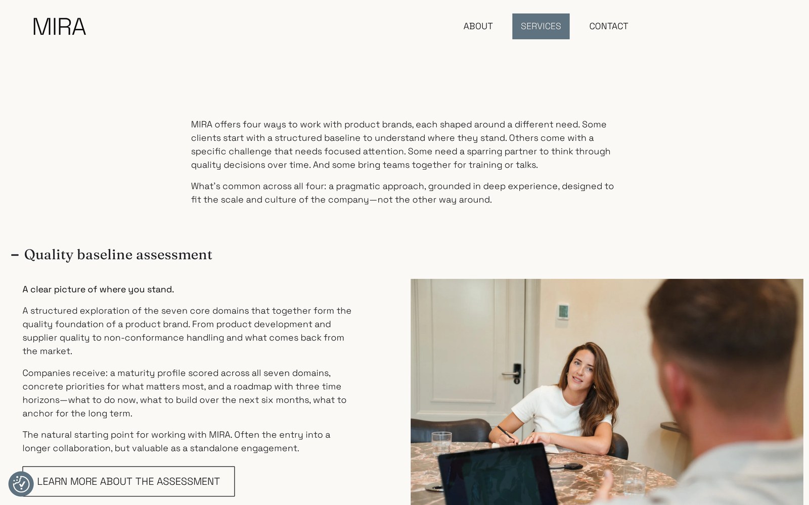 Dienstenpagina van MIRA Quality met het Quality baseline assessment