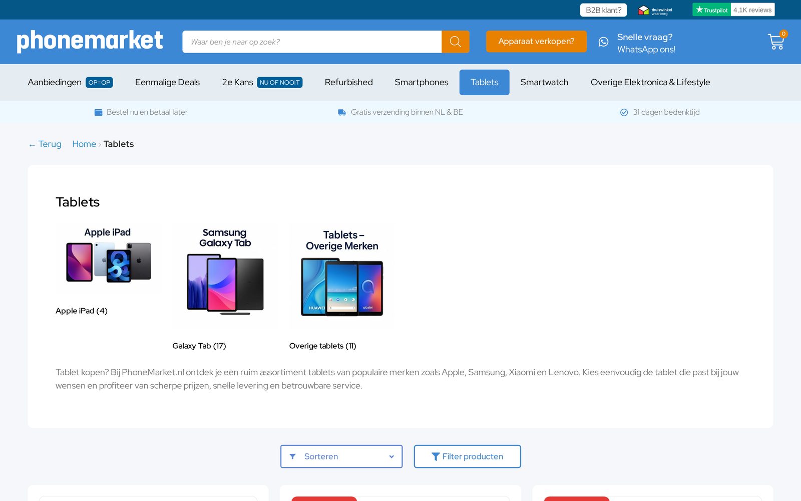 Categoriepagina tablets op PhoneMarket.nl met het tabletassortiment