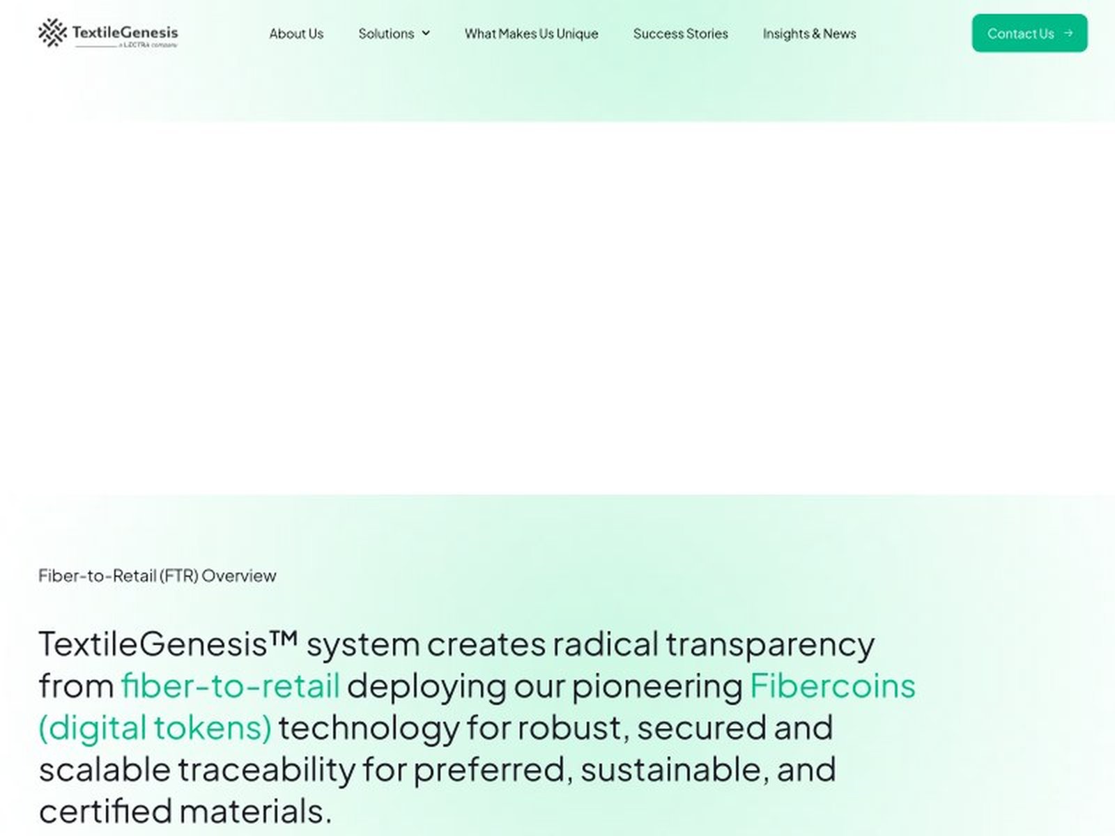 Homepage van textilegenesis.com met de titel Creating Transparent Supply Chains