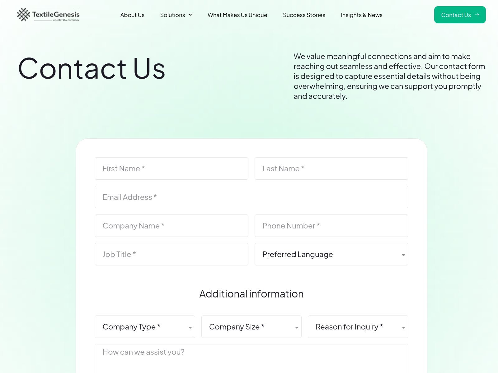 Contactpagina van de website van TextileGenesis die Yousource technisch onderhoudt