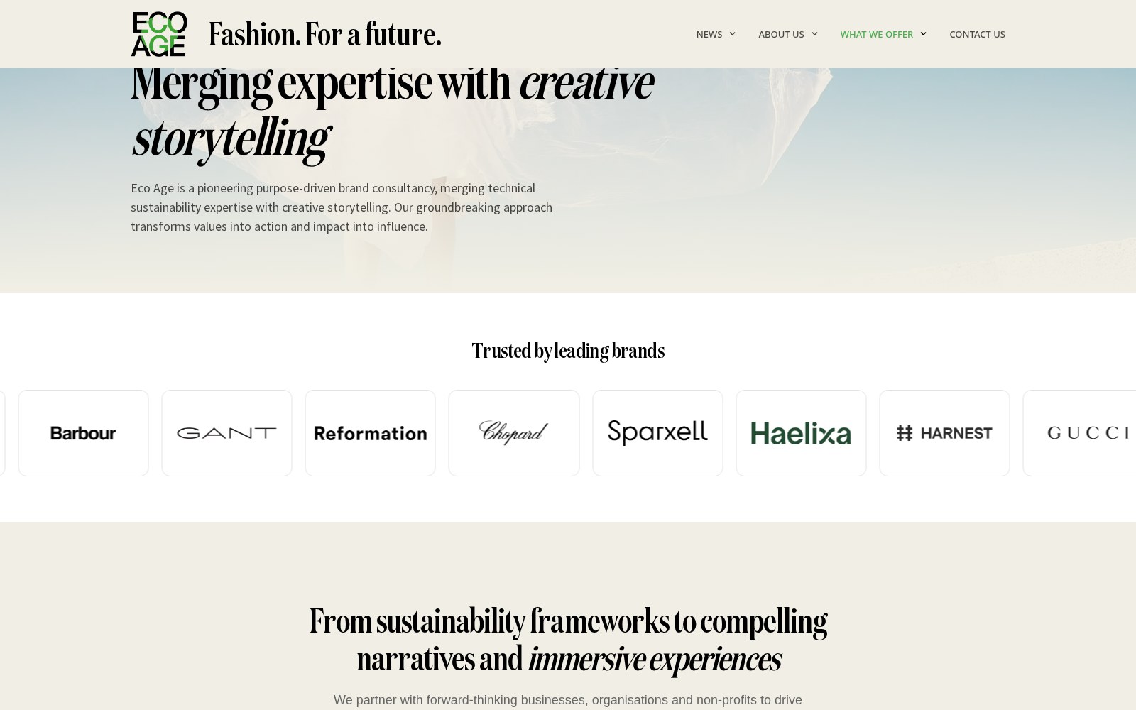 Pagina What we offer van Eco Age met de tekst Merging expertise with creative storytelling