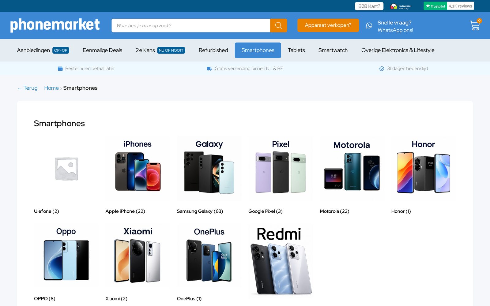 Categoriepagina smartphones op PhoneMarket.nl met filters en een groot productoverzicht