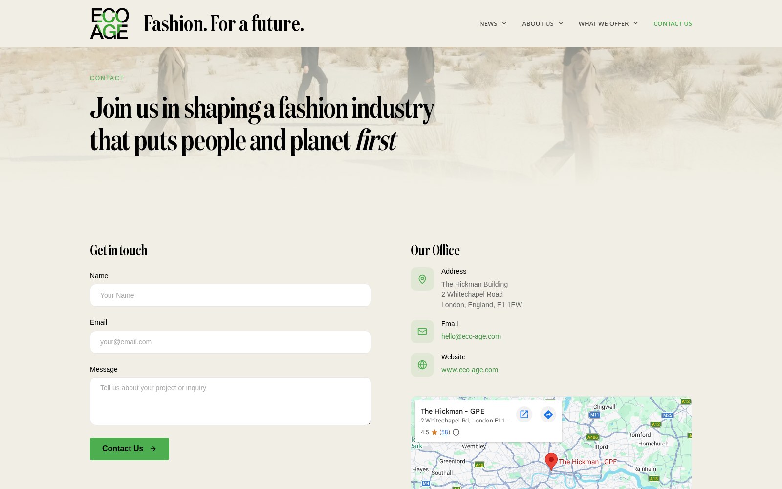 Contactpagina van Eco Age met formulier en kantoorgegevens