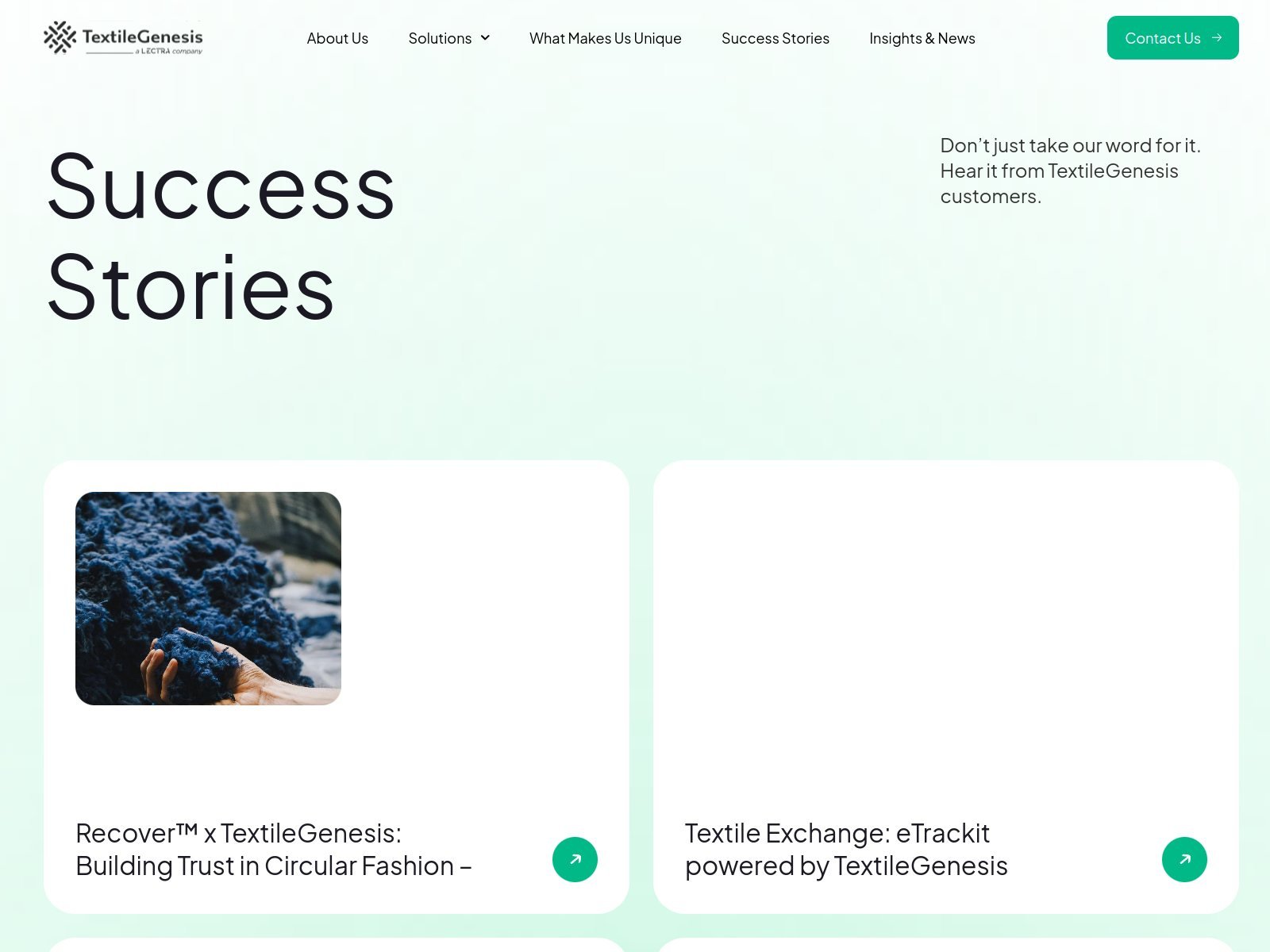 Success stories-overzicht op de website van TextileGenesis met klantverhalen