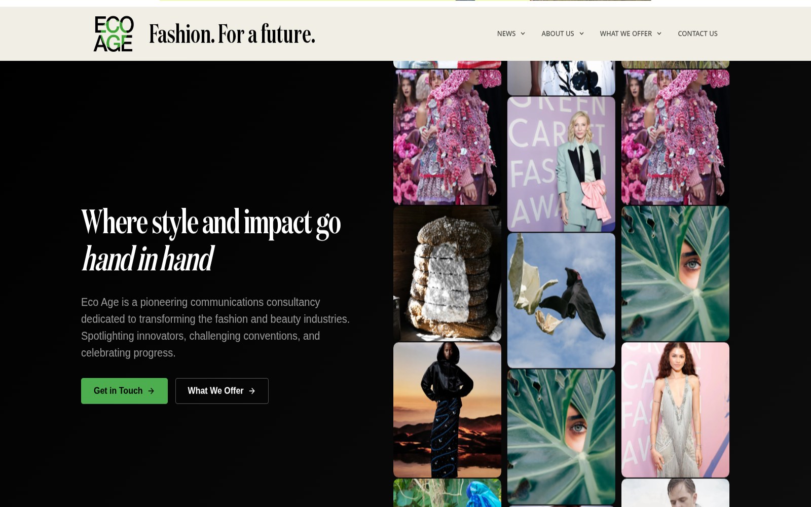 Homepage van eco-age.com met de headline Where style and impact go hand in hand