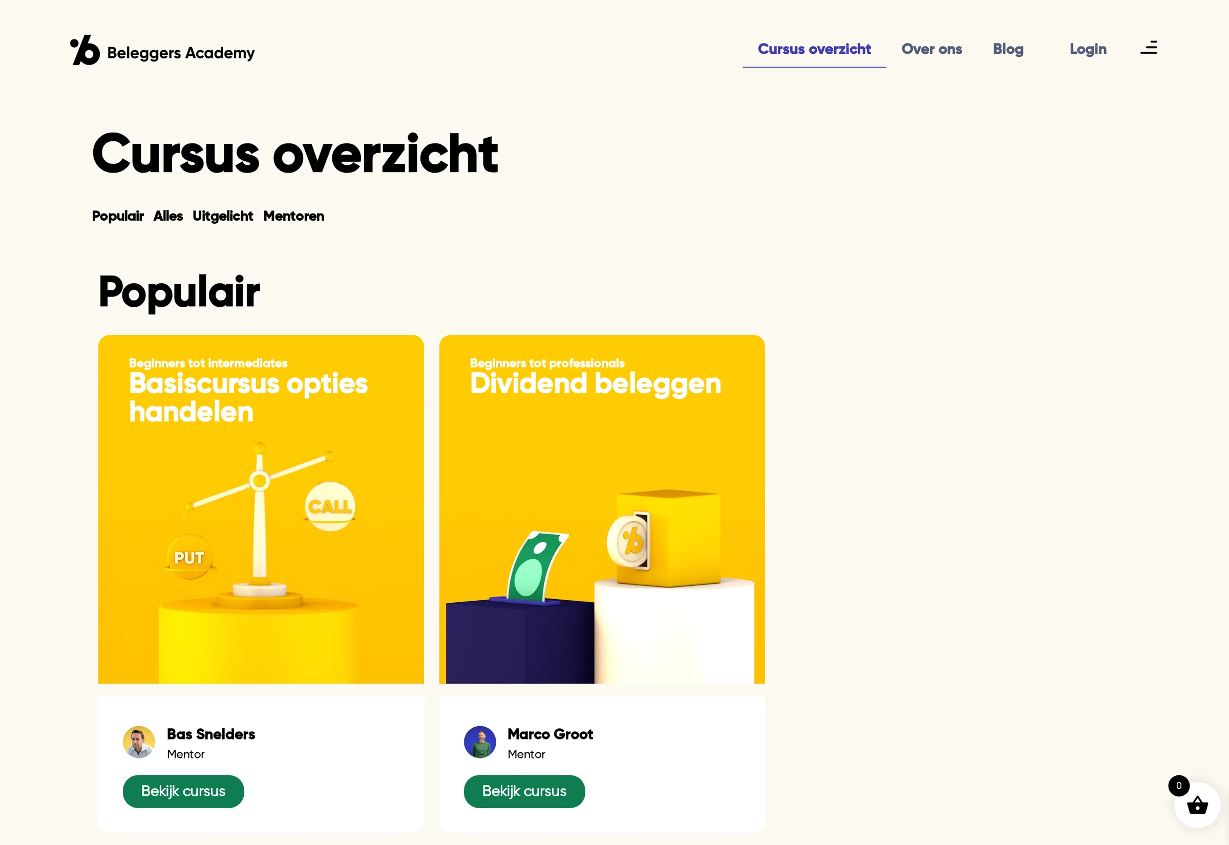 Cursusoverzicht van Beleggers Academy met populaire cursussen