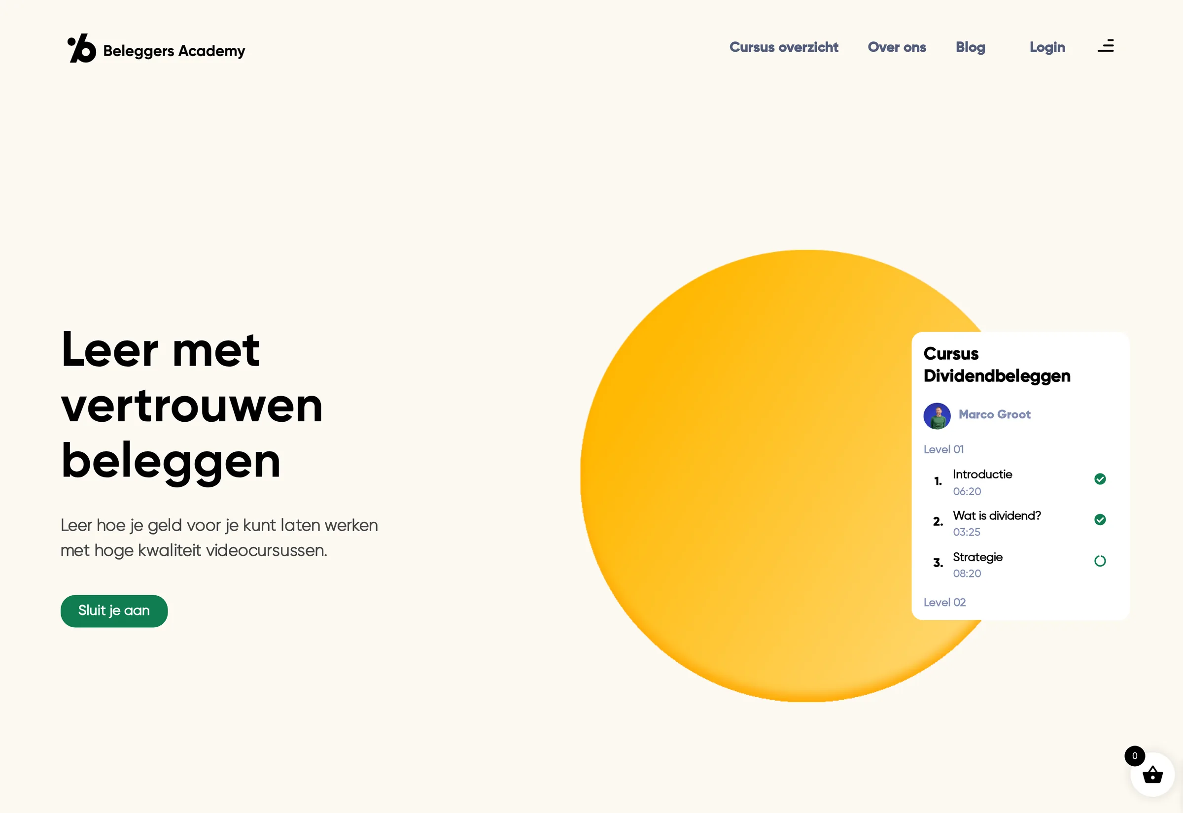 Homepage van Beleggers Academy met de kop 'Leer met vertrouwen beleggen'