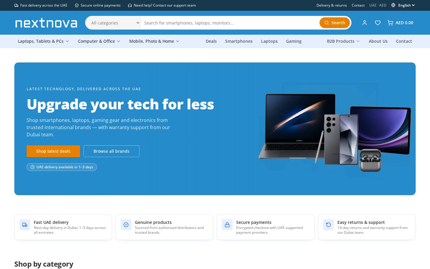 Homepage van Next Nova Electronics met deals op smartphones en laptops in AED