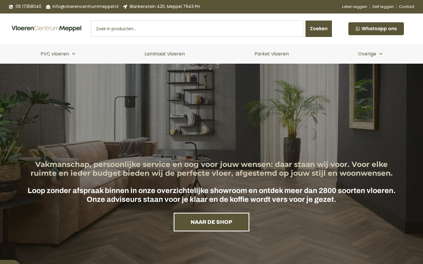 Homepage van VloerenCentrum Meppel met webshopnavigatie en vloerenassortiment