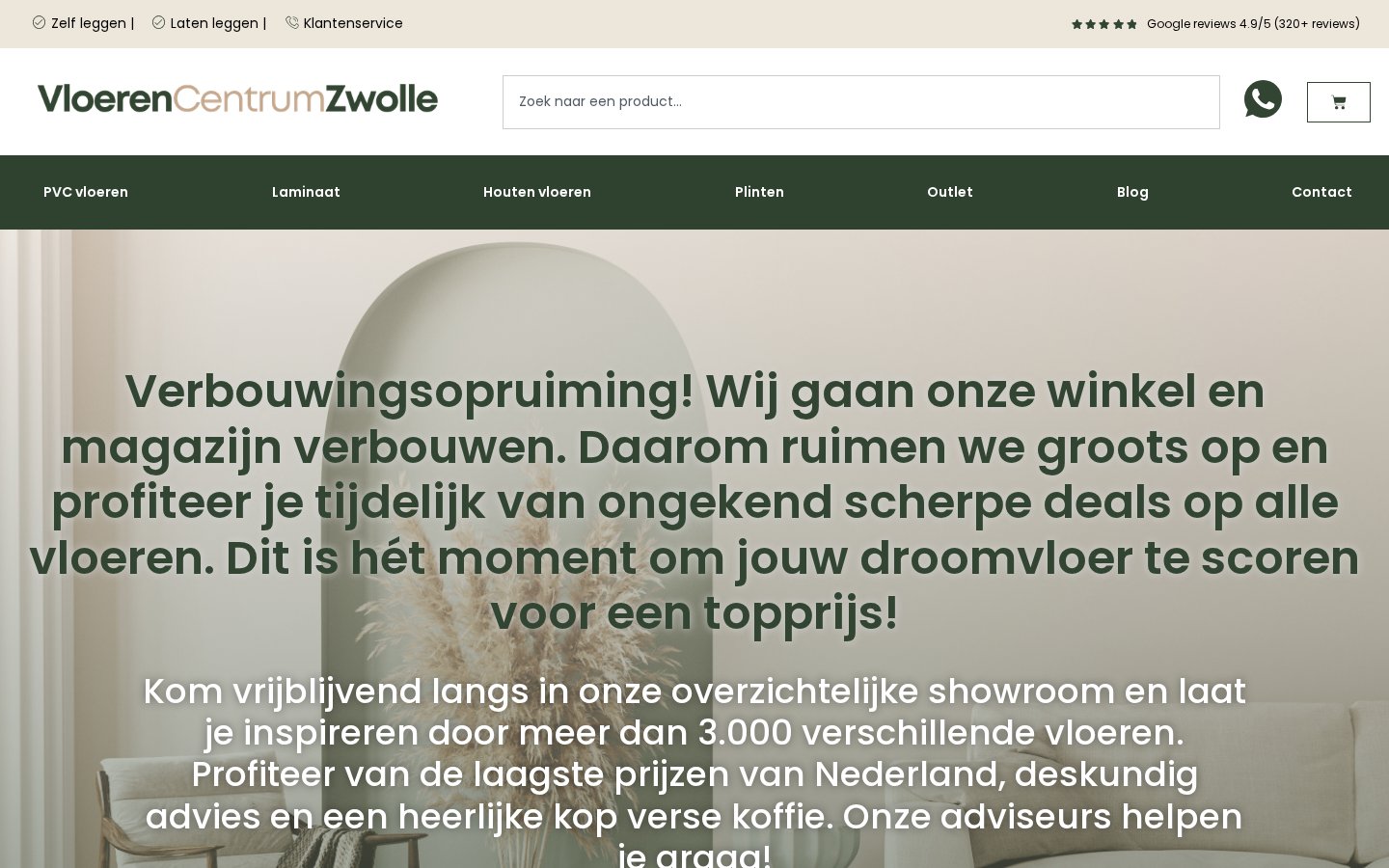 Homepage van VloerenCentrum Zwolle met productzoeker en vloerencategorieën