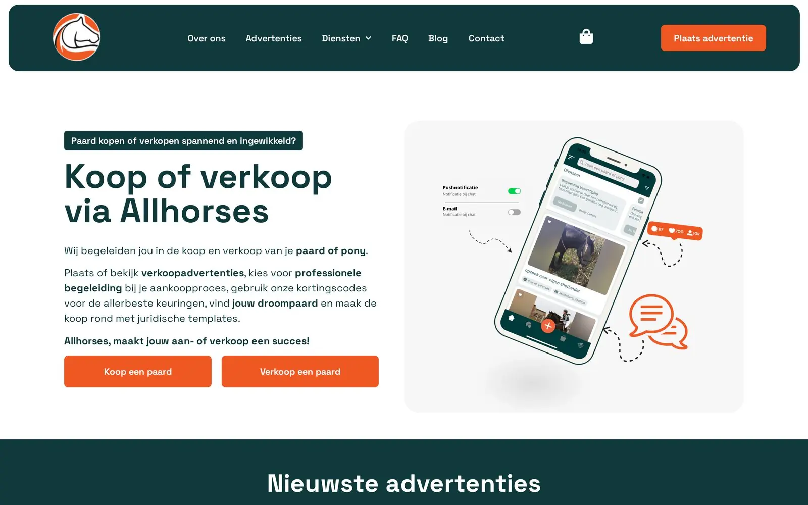 Homepage van AllHorses met zoekfilters voor paardenadvertenties